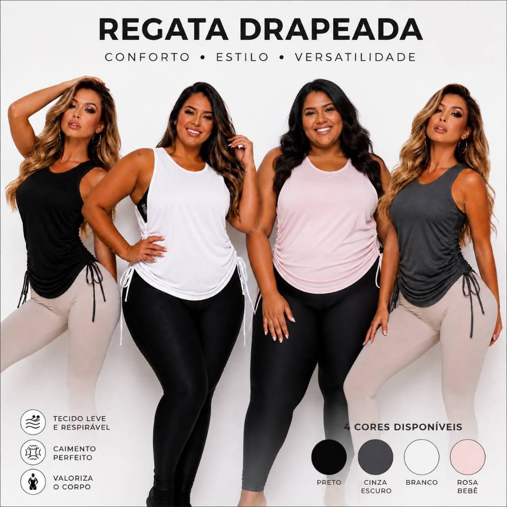 Regata Dry Fit Feminina Academia Tapa Bumbum Ajustável Lateral | Fitness Conforto Premium Plus Size | P ao G3