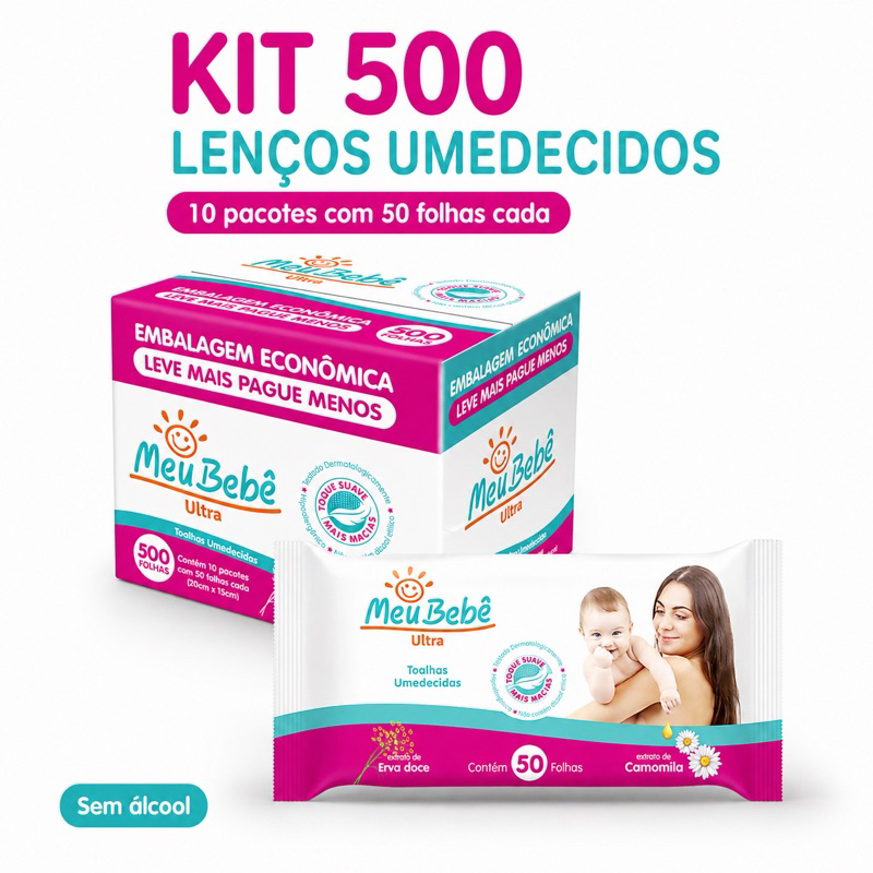 Kit 500 Lenços Umedecidos Meu Bebê Ultra 10 Pacotes 50 Folhas Sem Álcool Camomila