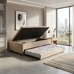 Bicama Box Baú Solteiro 88x188 Suede Bege e Colchão Auxiliar
