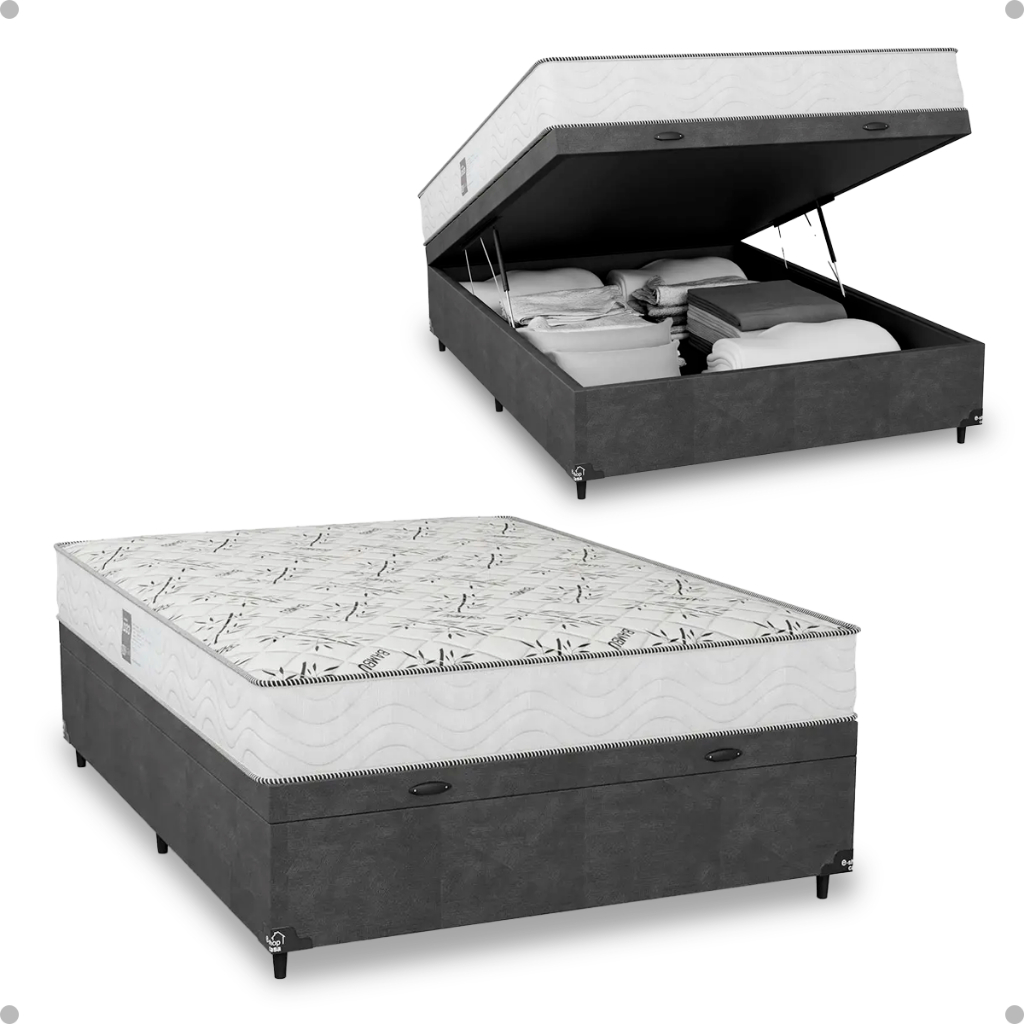 Cama Box Baú Casal Suede Cinza + Colchão D33 One Face Branco- e-Shop Casa