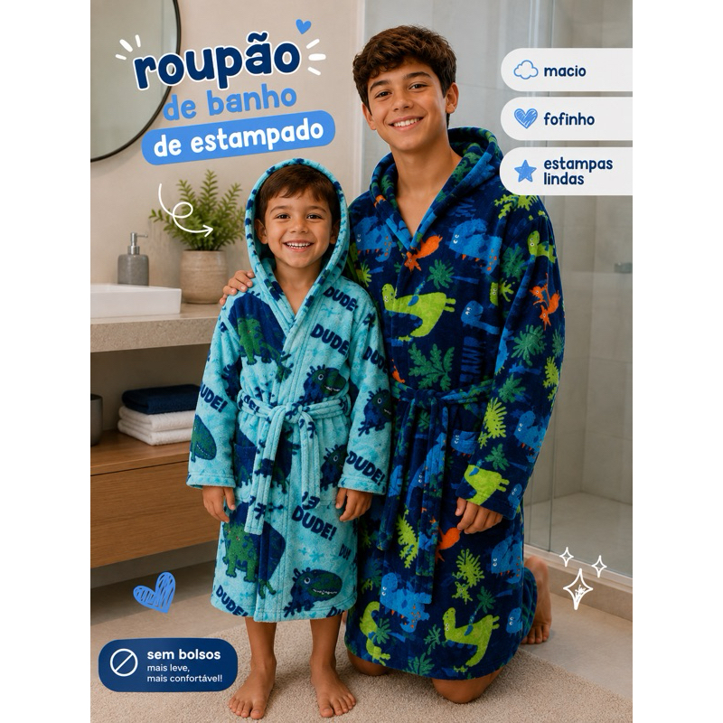 Roupão Infantil Dino com Capuz Manga Longa Fofinho