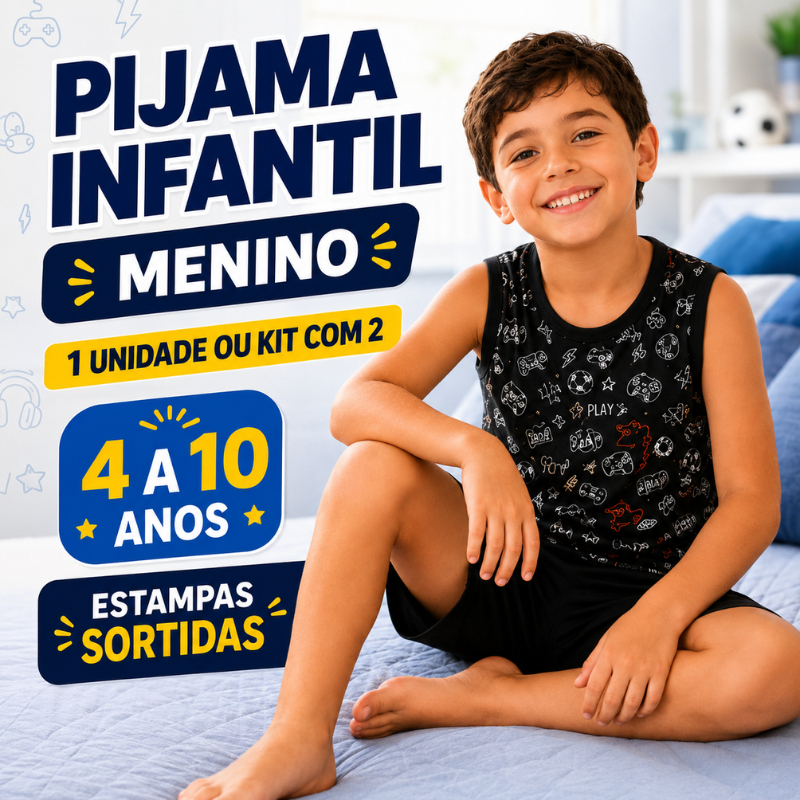 Kit 2 ou Unidade  Pijama Infantil Menino Regata e Short Verão 4 ao 10 Anos Estampas Sortidas