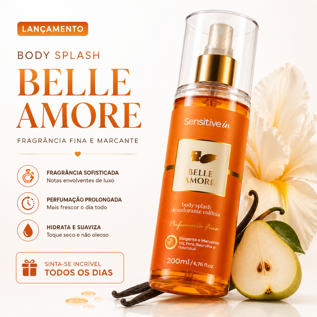 Body Splash Belle Amore 200ml Fragrância Feminina Elegante Longa Fixação Perfumaria Fina