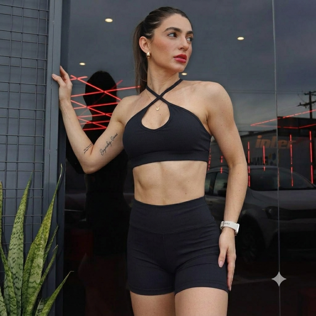 Conjunto de Top e Short Academia Feminino Liso com Bojo Removível Suplex Premium Moda Fitness