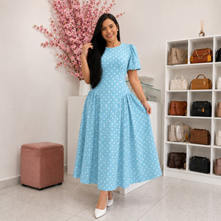 Vestido Midi Poá Moda Evangélica Princesa Alfaiataria Poa Rodado Elegante Acinturado Manga Princesa ES-VES - 117
