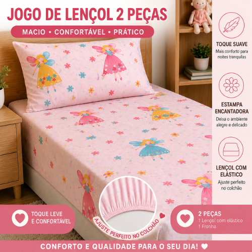 Lençol Solteiro Infantil com Elástico Jogo de Cama Microfibra 2 Peças Estampado Menino Menina