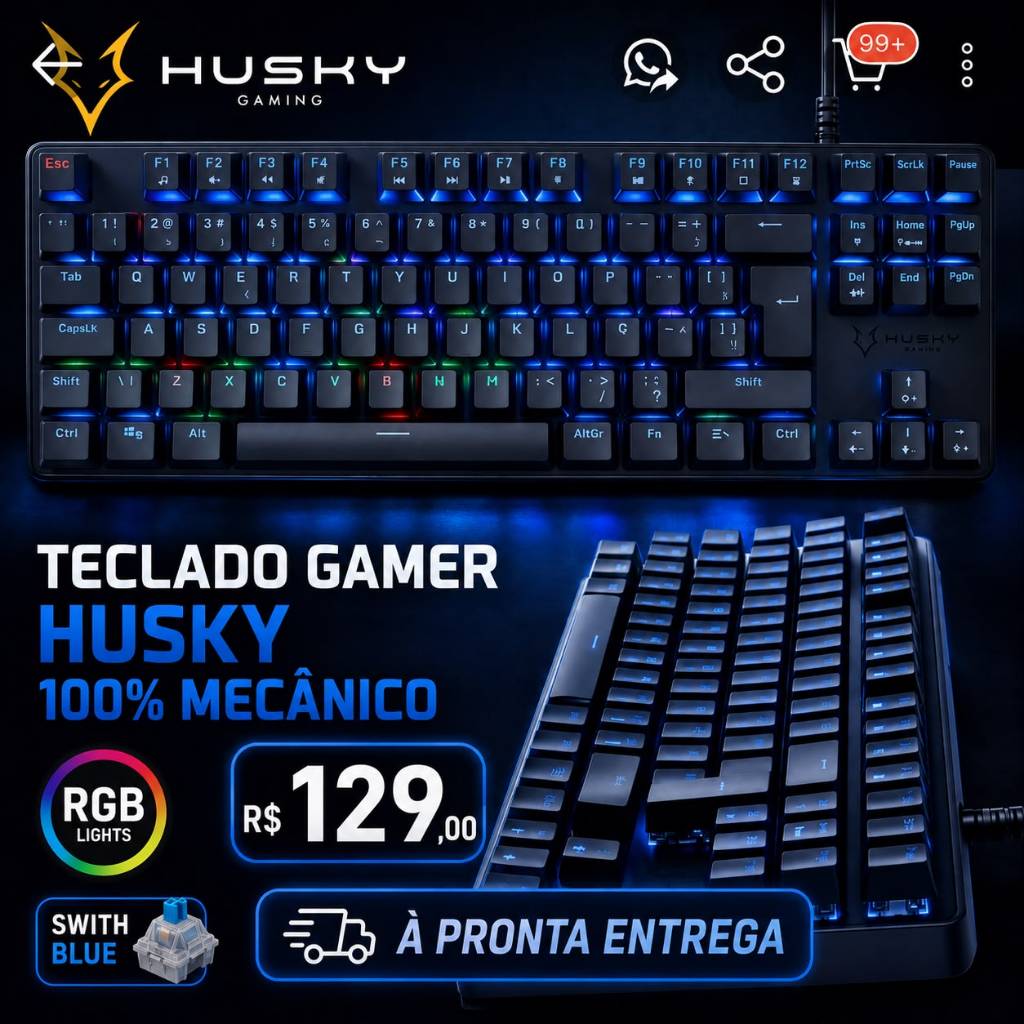 Teclado Gamer 100% Mecânico Husky RGB Preto 88 Teclas USB Para PC e Notebook