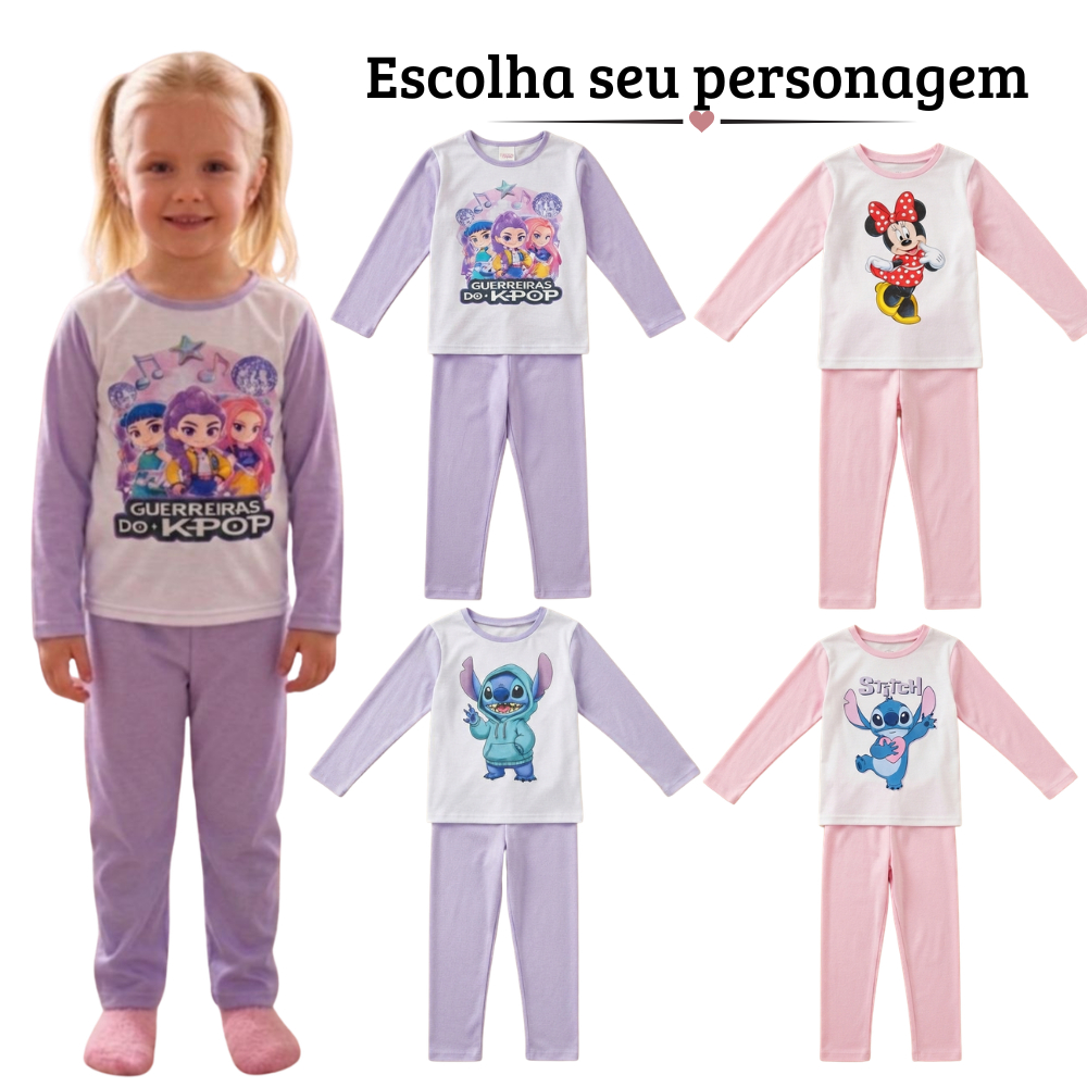 Pijama Infantil Manga Longa Inverno Menina Quentinho Personagens Malha PV Confortável