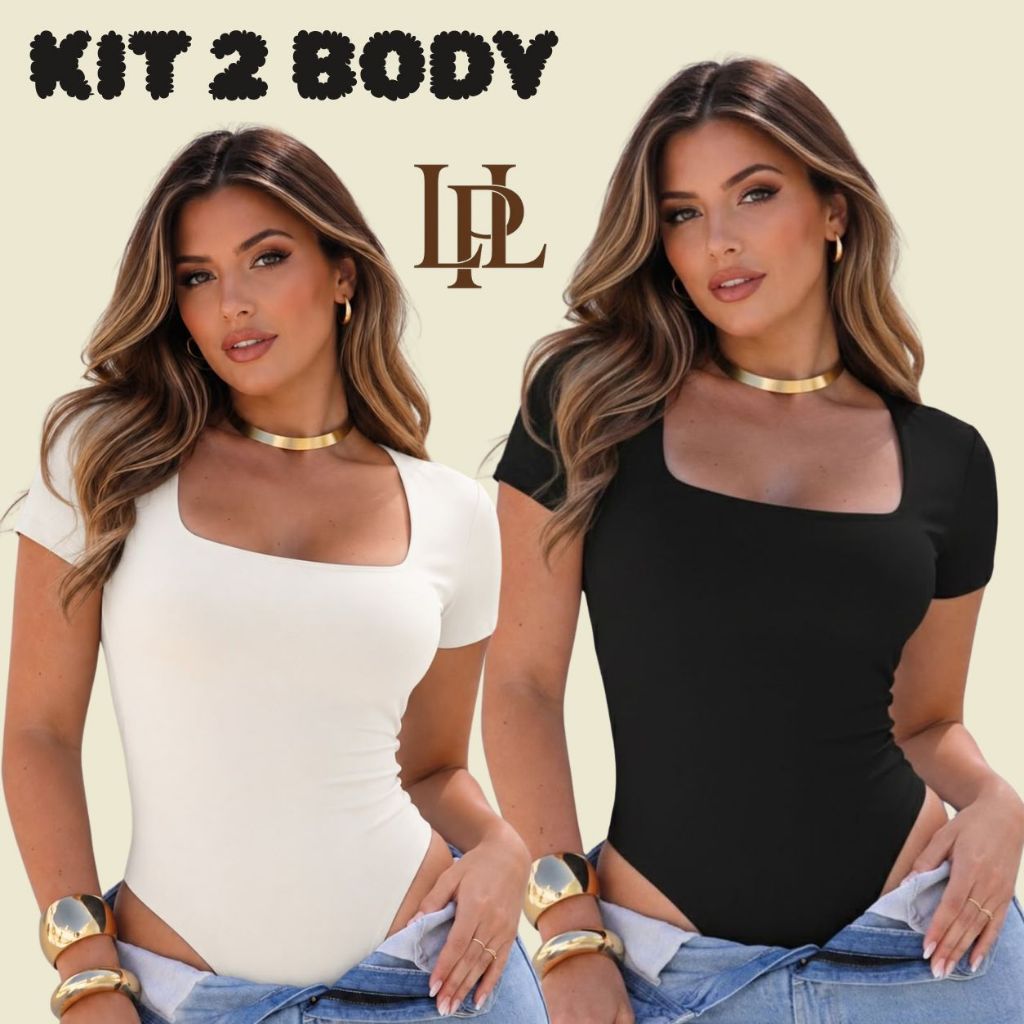 Kit 2 Body Feminino Manga Curta Decote Quadrado Tecido Suplex Liso Premium Forrado Tendência Blogueira