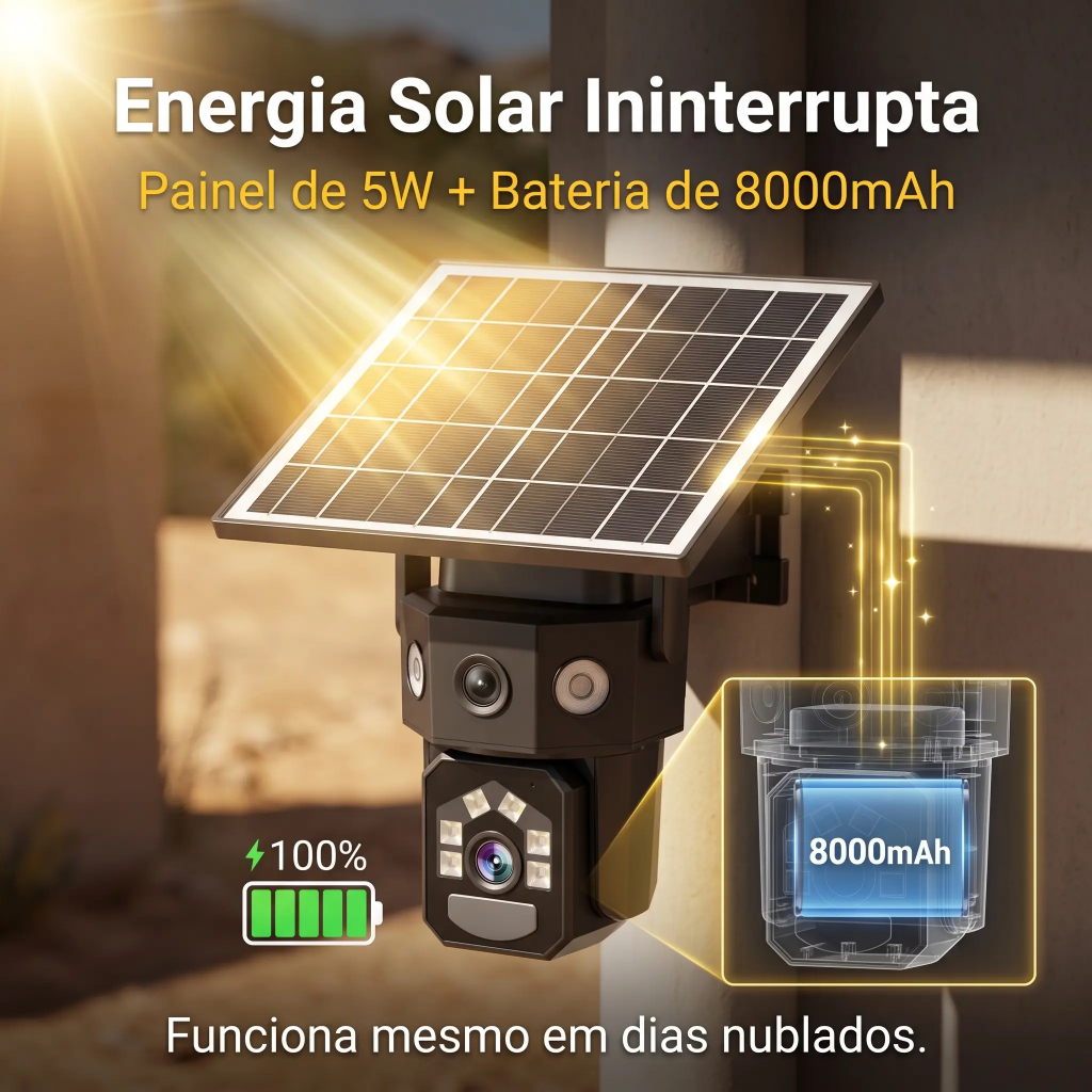 Câmera de Segurança 4G Externa Lente Dupla 6MP PTZ, Energia Solar, Sem WiFi Necessário, Áudio Bidirecional