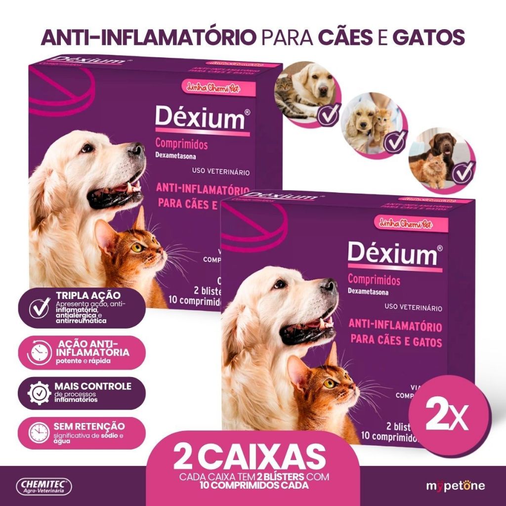 Kit 2 Déxium Dexametasona Chemitec para Cães e Gatos - 20 Comp