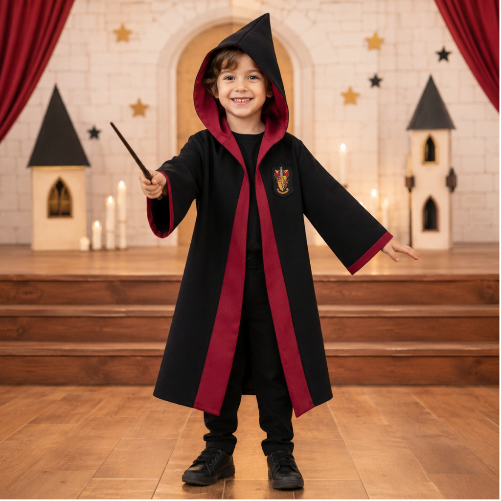 Capa Infantil Grifinória Harry Potter Unissex Fantasia Hermione com Capuz Bruxo Mágico Bruxa Criança Filme Manto Cosplay