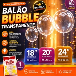 Kit 50 Balões Bubble (Bobo Balloon) Transparentes 18"/20"/24" para Decoração de Festas e Eventos