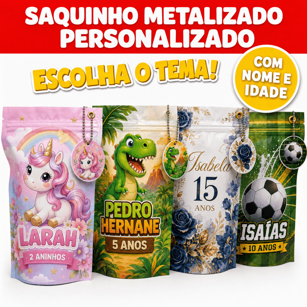 Saquinho Abre Fecha Metalizado Personalizado 10x15 Lembrancinha Festa Infantil Aniversário Com Nome