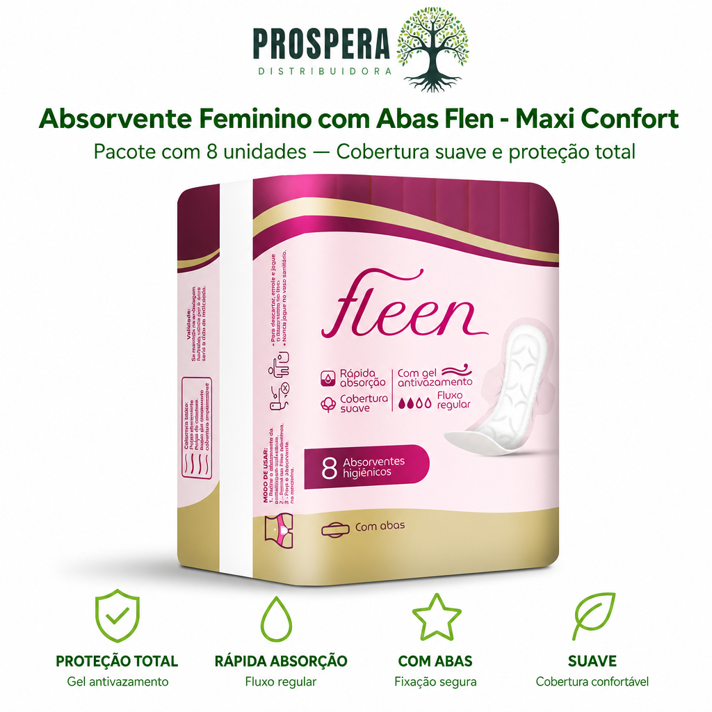 Absorvente Feminino Fleen C/Abas Tripla Proteção - FLEEN Maxi Confort - Kit com 8, 16, 24, 32, 40, 48