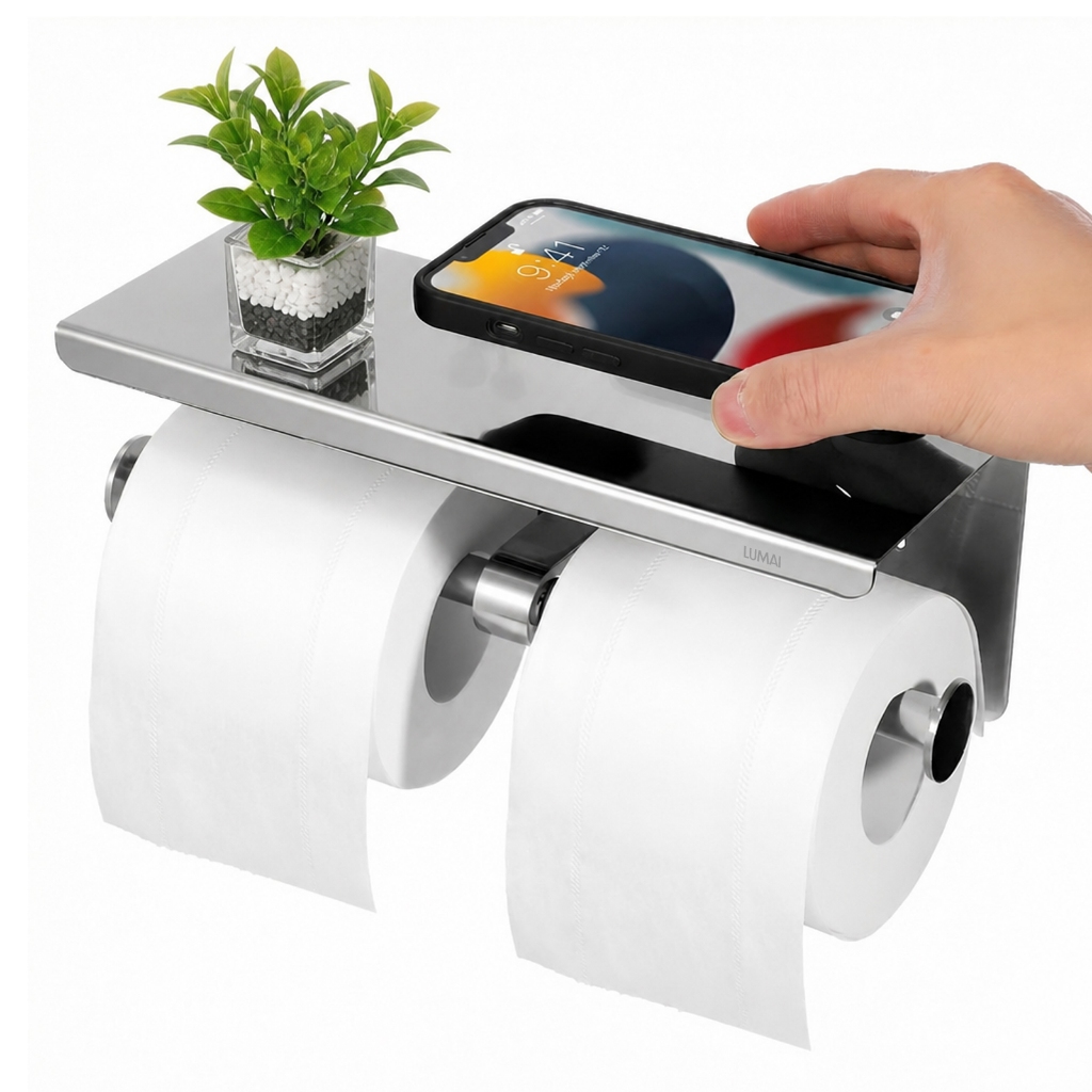 LUMAI Porta Papel Higiênico Duplo Inox Taormina com Prateleira Apoio Celular 2 R