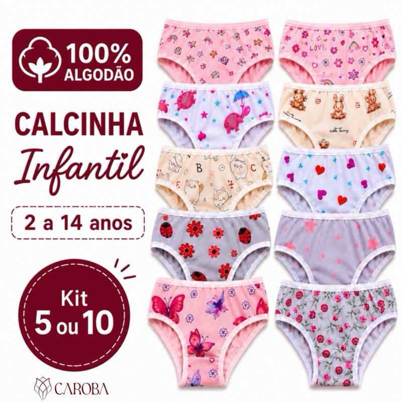 Kit Calcinhas Infantil Menina 100% Algodão Forro Algodão Estampadas Confortável criança