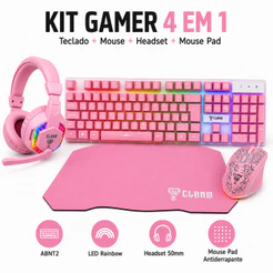 Kit Gamer Rosa 4 em 1 CLANM Teclado ABNT2 Mouse 3600 DPI Headset 50mm Mouse Pad LED Rainbow Meninas Setup Completo