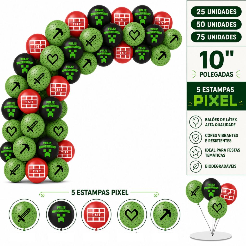 Balão Bexiga Látex Festa 25/50/75 Unds Decoração Infantil Aniversario Festa Balões Temático Jogos Pixel Gamer Sortidos