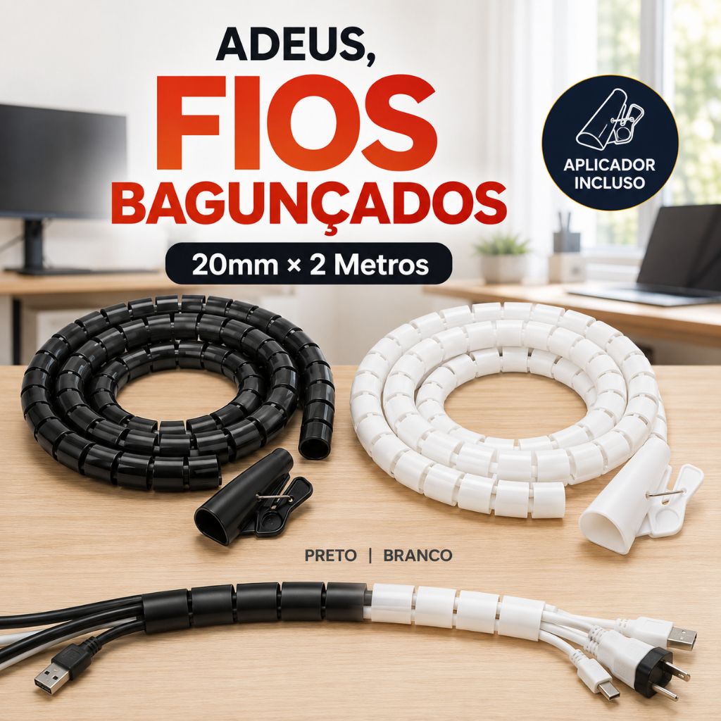 Organizador de Fios e Cabos Espiral 20mm 1 E 2m com Aplicador para TV PC Escritório