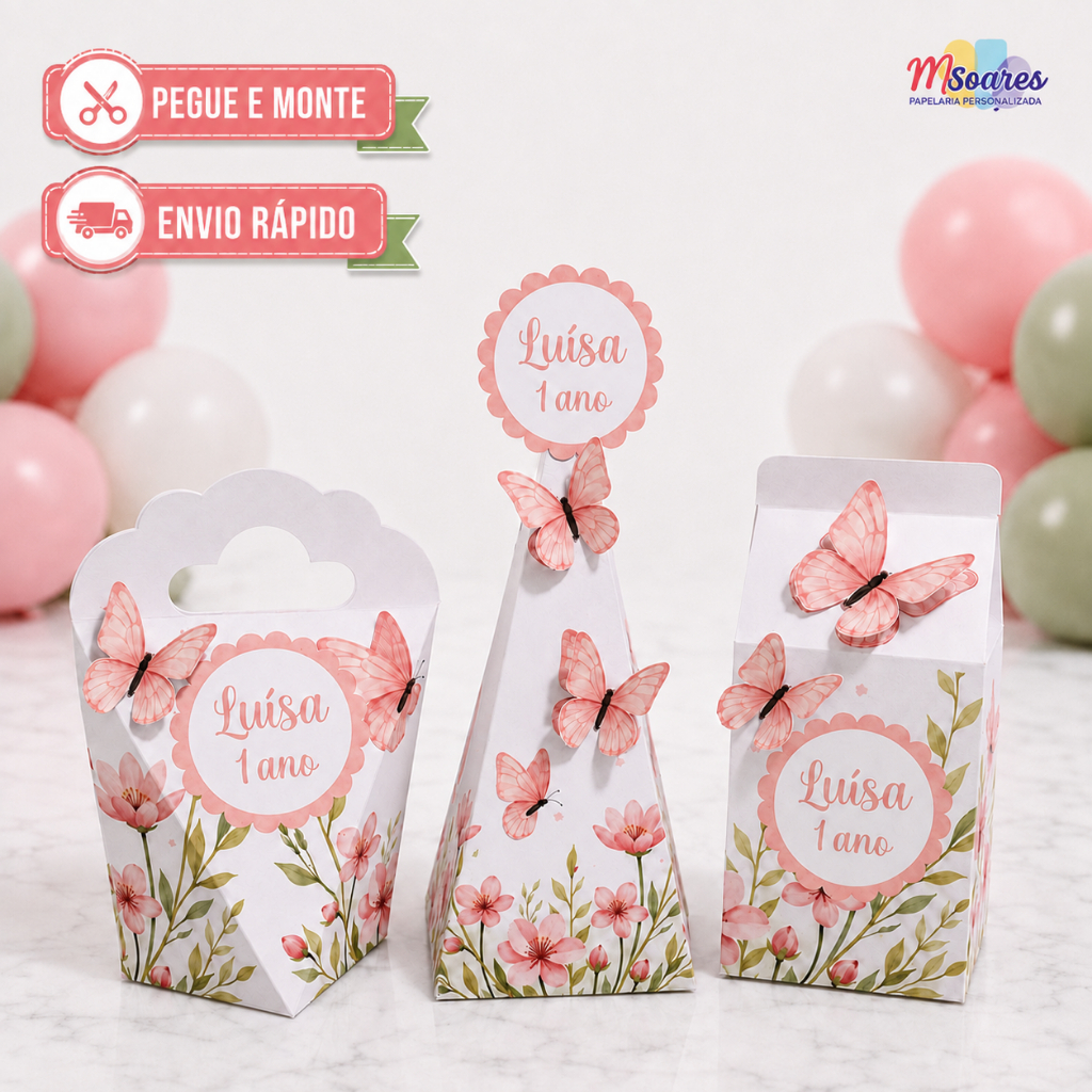 Kit Caixinhas Jardim das Borboletas Salmão – Lembrancinha Personalizada