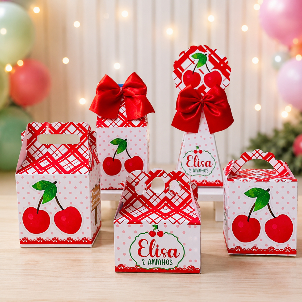 Kit Festa Cerejinha Lembrancinha Personalizada Aniversário Infantil Caixas Desmontada