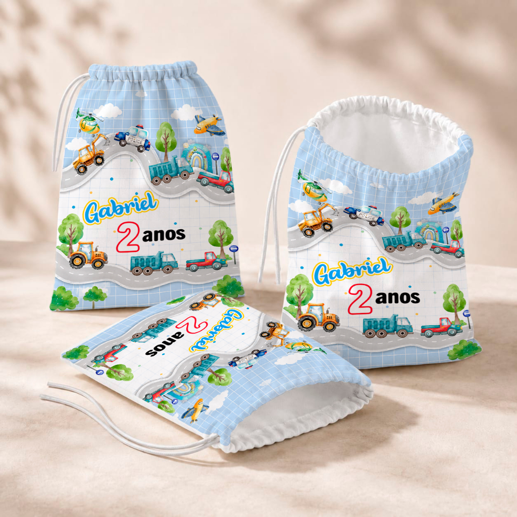 20 Sacolinhas Personalizada Festa Infantil 18x26 Aniversário Lembrancinha Meio de transporte Carrinhos M3