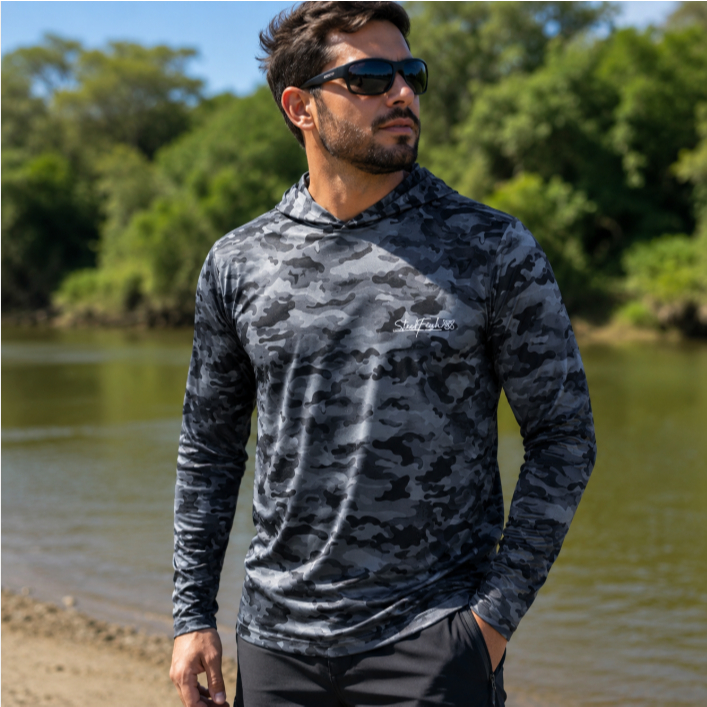 Camiseta Caça e Pesca Proteção Solar UV50  Camuflado Militar Térmica com Capuz Masculino