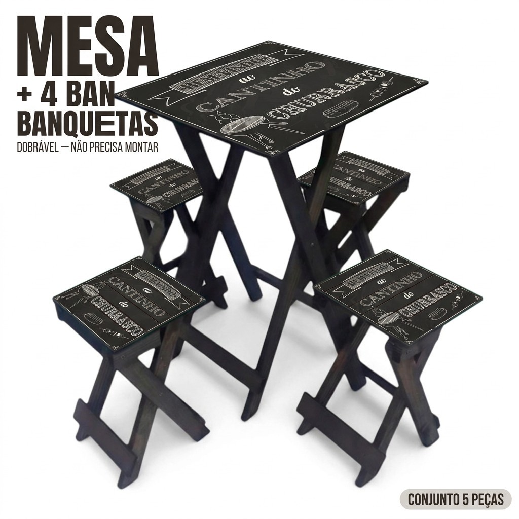 Mesa com 4 Bancos Estilo Gourmet Para Varandas, Área de churrasco e Lazer