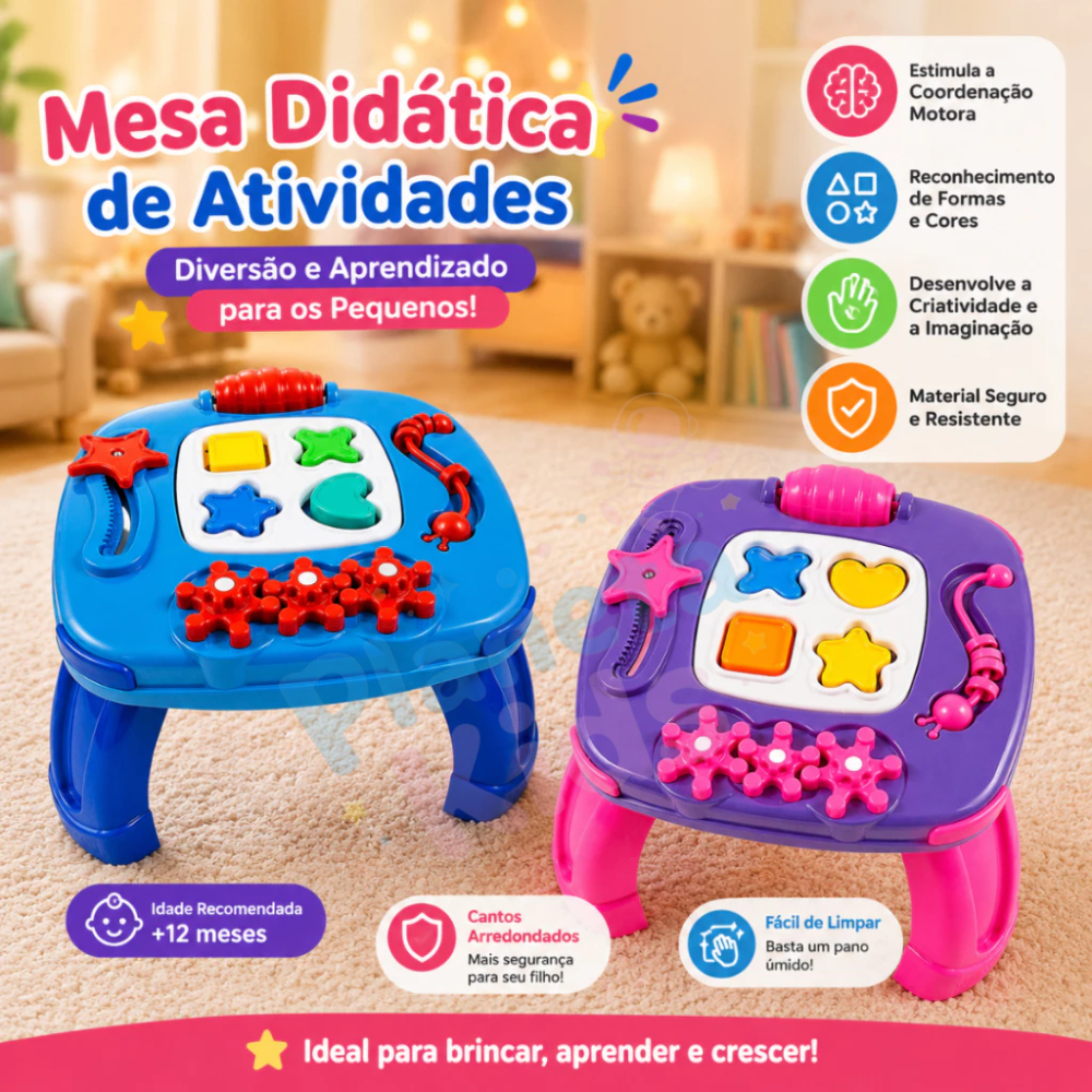 Mesinha Didática Infantil Educativa Divertida Brinquedo Sensorial Atividade Interativa Menina e Menino