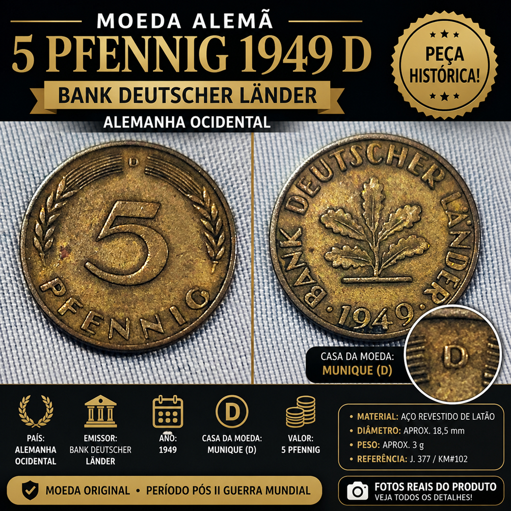 Moeda Alemã 5 Pfennig 1949 D – Bank Deutscher Länder – Alemanha Ocidental