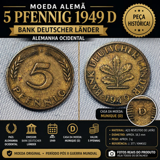 Moeda Alemã 5 Pfennig 1949 D – Bank Deutscher Länder – Alemanha Ocidental