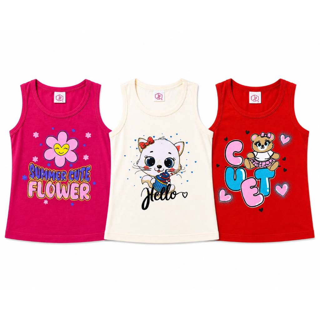 👕 KIT 3 Peças Regatas Sortidas Menina Verão Tamanho 1 ao 14 anos