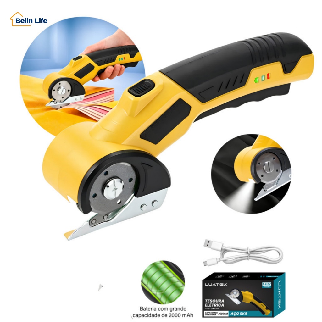 Tesoura Elétrica Profissional LUATEK LWJ-285 p/ Tecido Couro Papelão USB