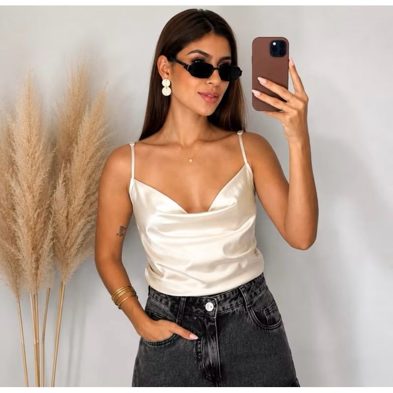 Blusa Alcinha Cetim Gola Boba P ao G Elegante