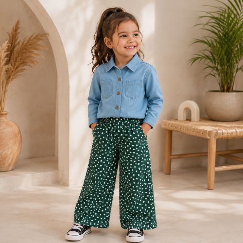 Conjunto Menina Camisa Jeans & Calça Wide Leg- Carinhoso