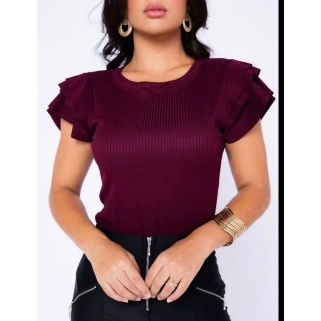 Blusa Feminina Canelada manguinha 3 Babados no ombro Blusinha Moda Blogueira
