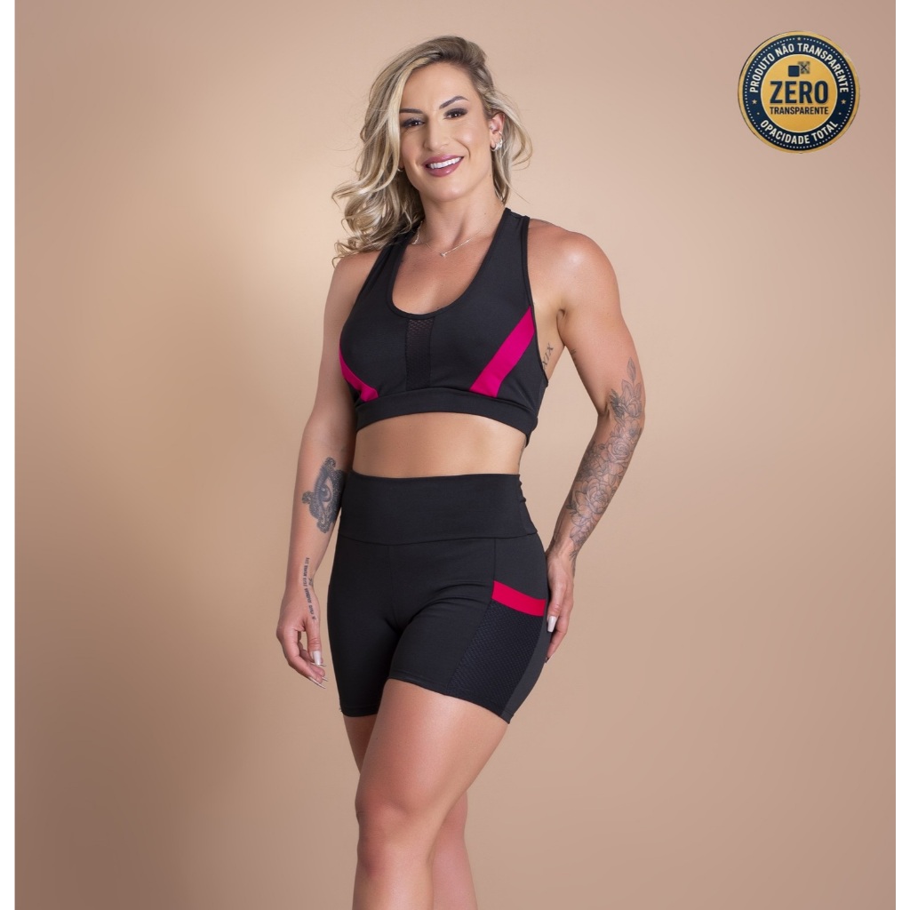 Conjunto Feminino Fitness Short Curto Cintura Alta Com Bolso Lateral E Top Nadador Academia ZERO TRANSPARÊNCIA
