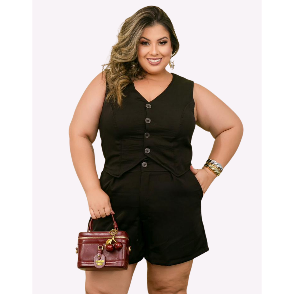 Conjunto Feminino Alfaiataria Colete + Short – Elegante, Moderno e Confortável,Valennte