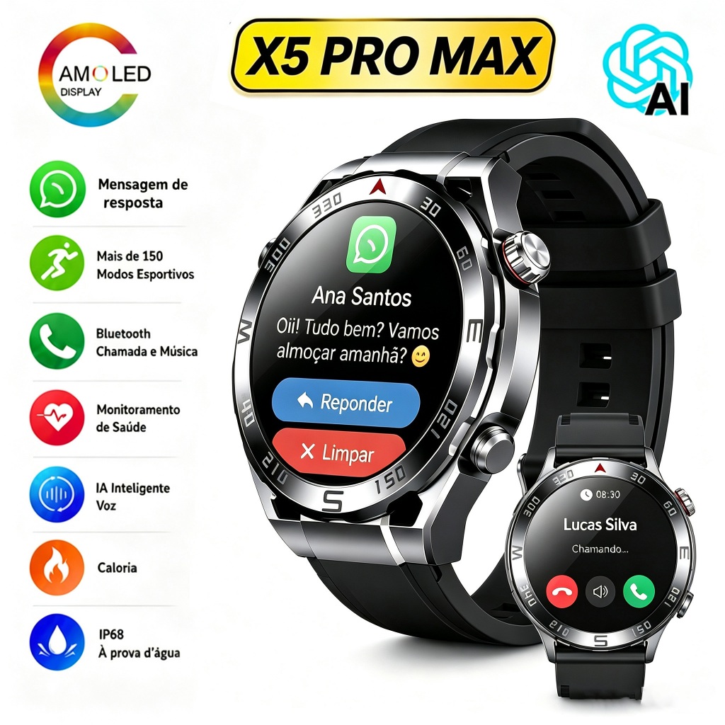 Smartwatch X5 PRO MAX Redondo Relógio Inteligente Bluetooth Chamada Chat GPT Amoled Nfc SmartWatch-Envio de São Pau