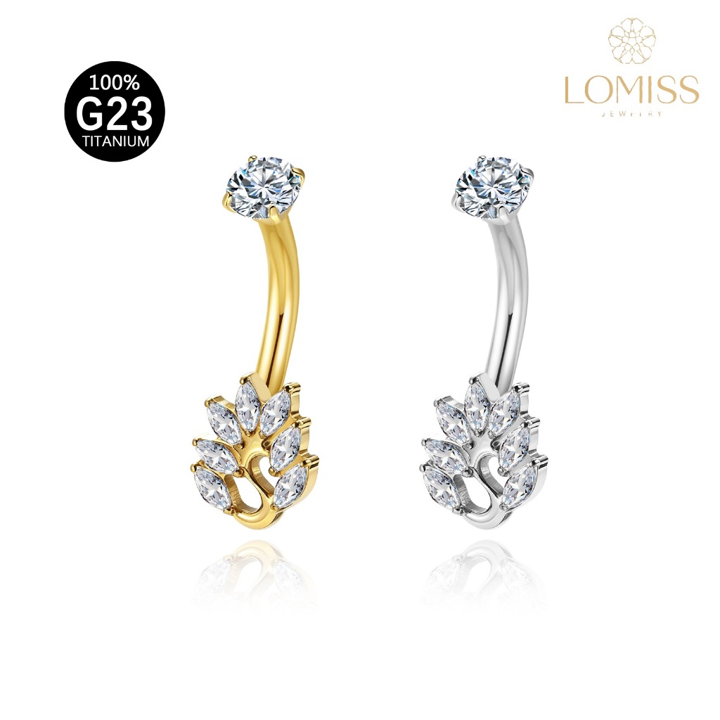 LOMISS Piercing de Umbigo Strass 100% Titânio G23 PVD Feminino com Zircônia Prata Dourado,Alta qualidade