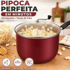 Panela Pipoqueira Antiaderente Com Tampa de Vidro Mexedor Manual Vermelha - Fácil Limpeza
