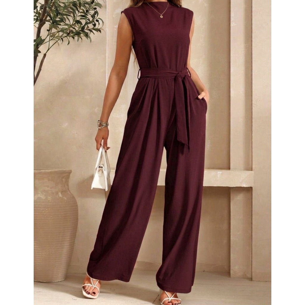 Macacão Pantalona Longo Alfaiataria Regata Gola Alta Com Cinto Amarração Elegante