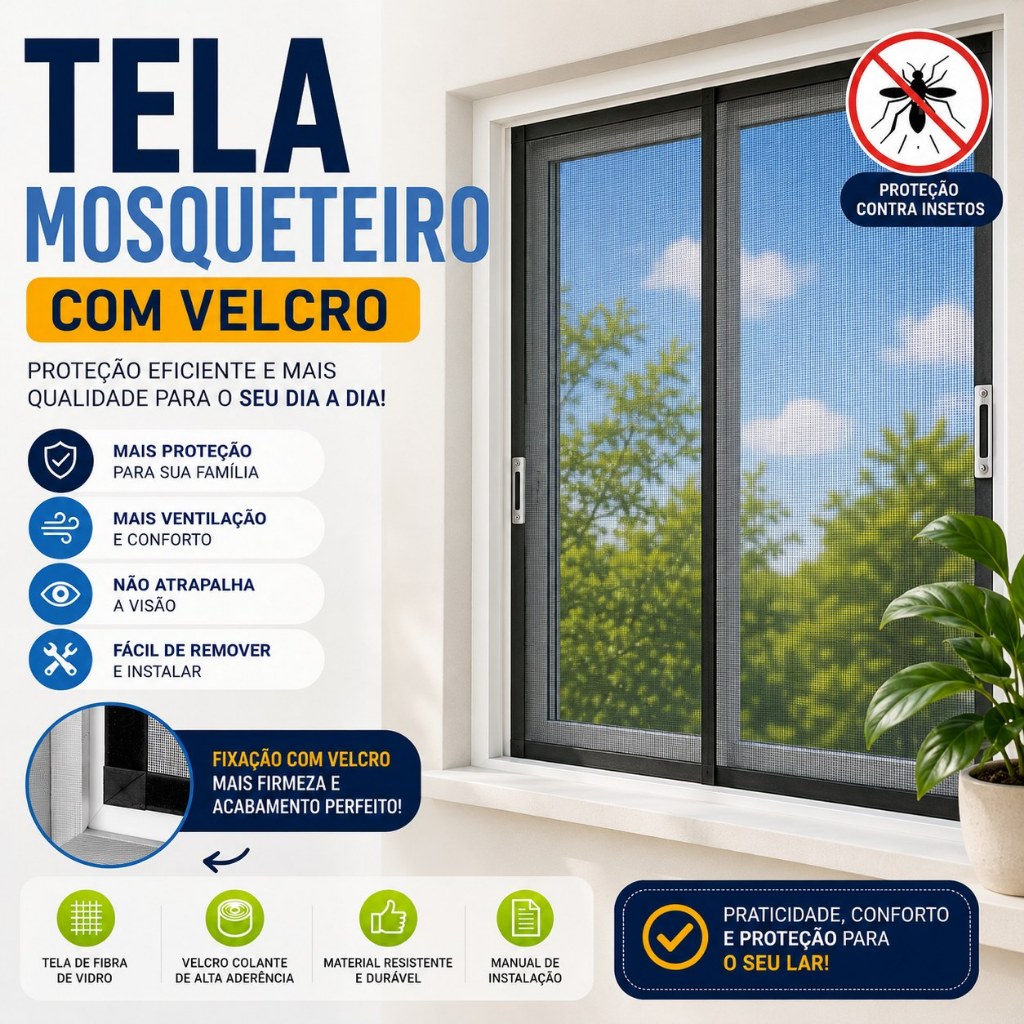 Tela Mosquiteiro para Janela com Velcro Anti Insetos Proteção Fácil Instalação