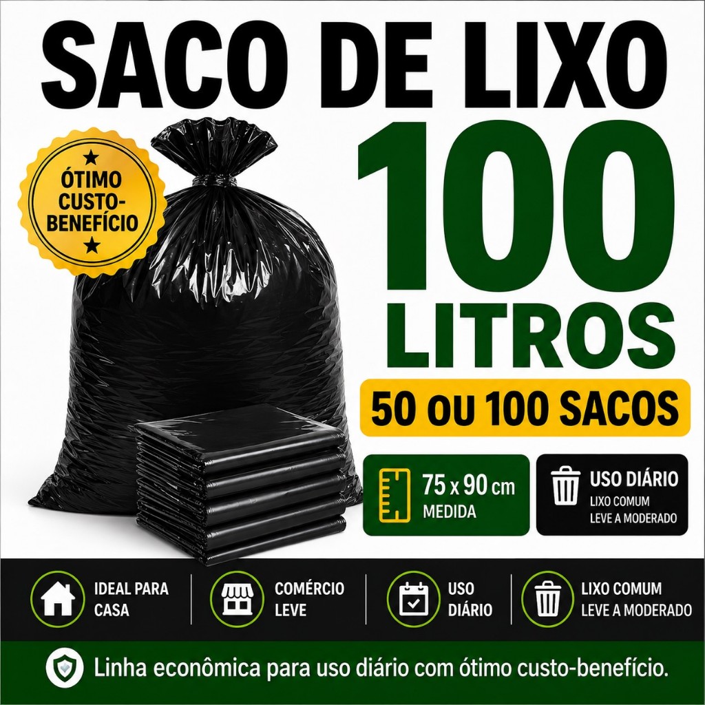 Saco de Lixo Preto 100 Litros 50 ou 100 Unidades Uso Diário 75x90 ou Reforçado Resistente 75x105
