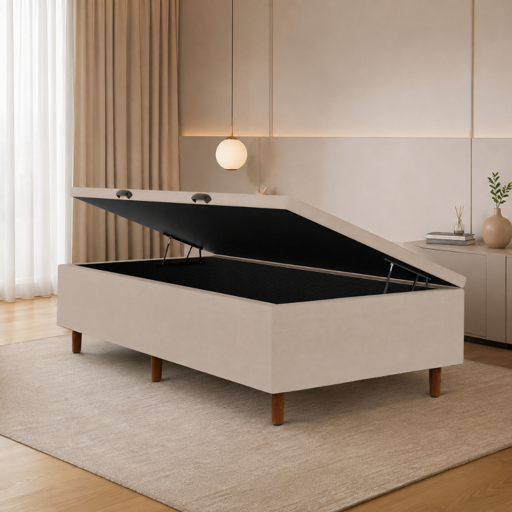 Cama box solteiro com bau Blindado 78x188x42cm cama box bau solteiro blindado alta qualidade Bege
