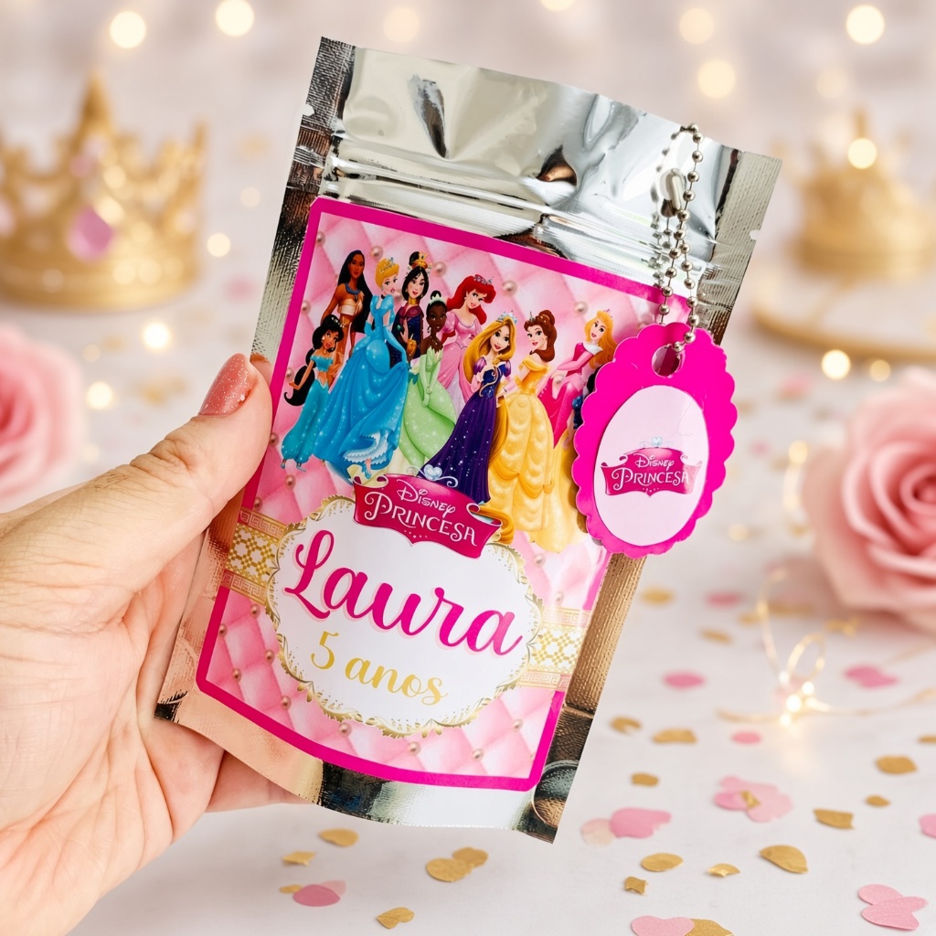 Saquinho ZipLock Metalizado Personalizado Princesas Lembrancinha Infantil Festa Tema Princesas Tamanho P