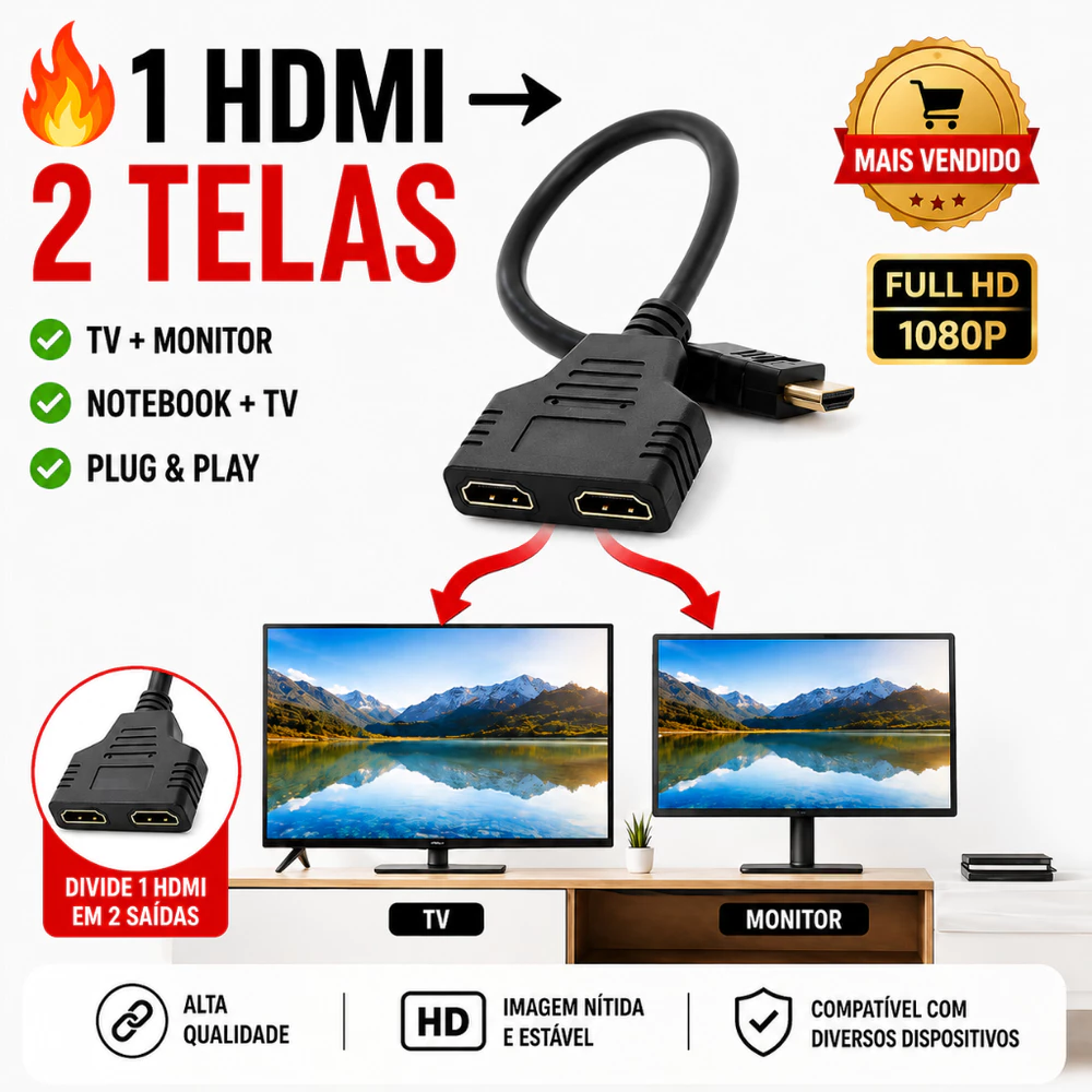 Cabo Splitter HDMI 1x2 Divisor Duplicador de Tela TV Monitor Notebook 1 Entrada 2 Saídas Pronta Entrega