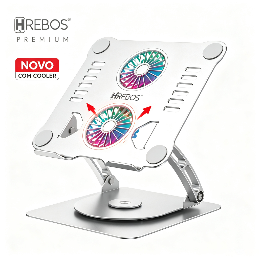 Suporte Elevado para Notebook Hrebos com Base Cooler Alumínio RGB  Ajustável 360° para Gamer e Escritório Ergonômico