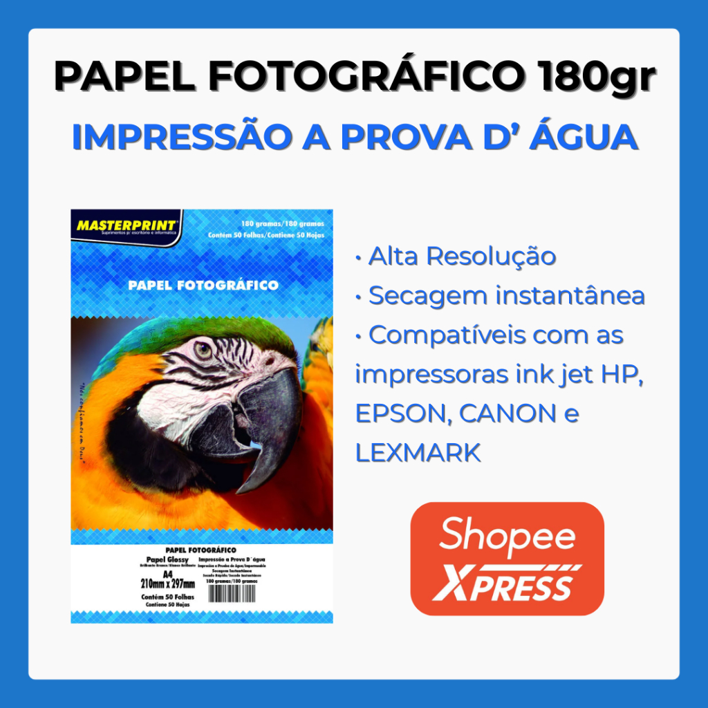 Papel Fotográfico 180g Glossy A4 Brilhante à Prova D'água Masterprint
